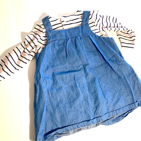 Crown & Ivy Denim suspender dress 9 month embroidered pockets striped bodysuit - Picture 4 of 9